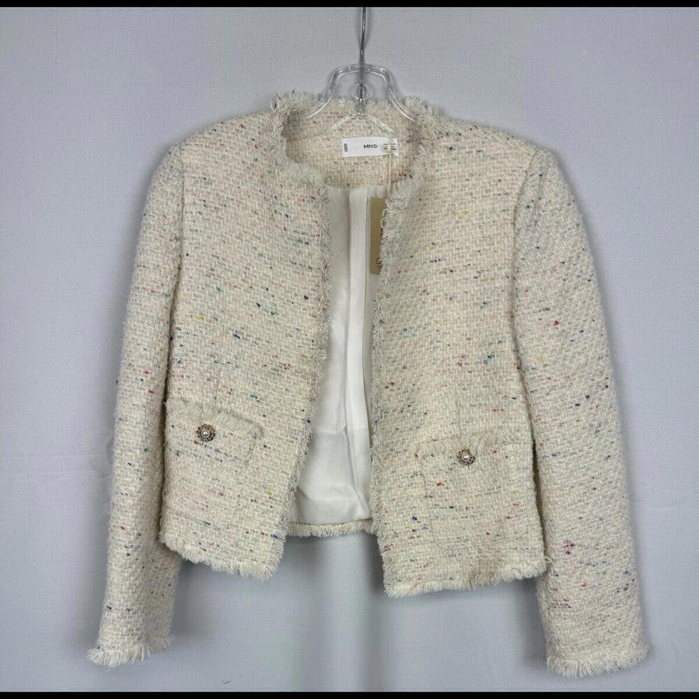 MNG By Mango Cropped Tweed Jacket Cotton Blend Speckled Beige Size XS